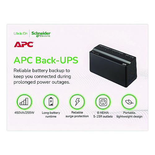 APC BN450M Back-UPS 450 VA Battery Backup System, 6 Outlets, 450 VA, 180 J
