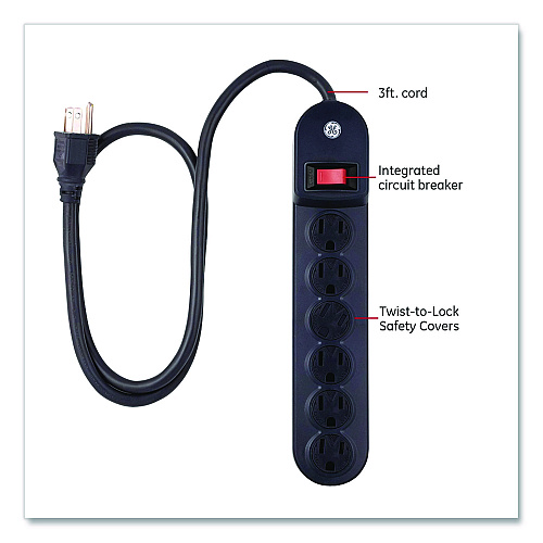 GE Heavy Duty Power Strip, 6 Outlets, 3 ft Cord, Black (56223)