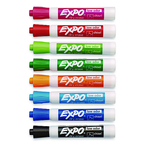EXPO Low-Odor Dry-Erase Markers, Broad Chisel Tip, Assorted Colors, 8/Pack (1743032)