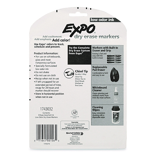 EXPO Low-Odor Dry-Erase Markers, Broad Chisel Tip, Assorted Colors, 8/Pack (1743032)