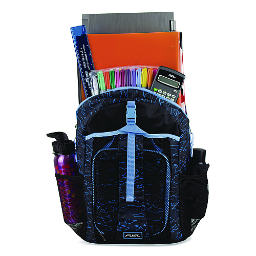 FUEL Bijoux Deluxe Backpack and Lunch Bag Bundle, 15.5" Laptop Sleeve, 12" x 8" x 18.5" and 7.5" x 4.25" x 9", Black/Blue Camo (110592STOC2)