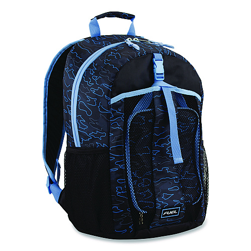 FUEL Bijoux Deluxe Backpack and Lunch Bag Bundle, 15.5" Laptop Sleeve, 12" x 8" x 18.5" and 7.5" x 4.25" x 9", Black/Blue Camo (110592STOC2)