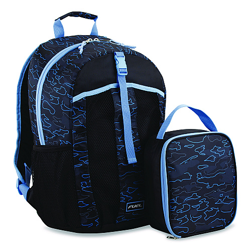 FUEL Bijoux Deluxe Backpack and Lunch Bag Bundle, 15.5" Laptop Sleeve, 12" x 8" x 18.5" and 7.5" x 4.25" x 9", Black/Blue Camo (110592STOC2)