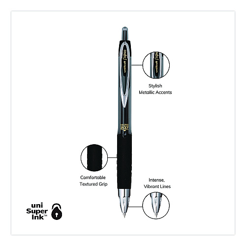 uni-ball Signo 207 Gel Pen, Retractable, Fine 0.5 mm, Black Ink, Smoke/Black Barrel, 5/Pack (1960240)