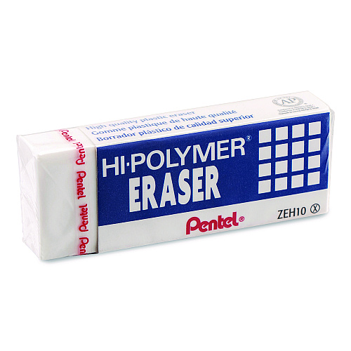 Pentel Hi-Polymer Eraser, For Pencil Marks, Rectangular Block, White, 10/Box (ZEH10PC10)