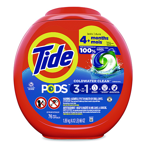 Tide PODS Laundry Detergent, HE Compatible, Coldwater Clean Original, 66 oz Tub, 76 Pods/Tub, 4 Tubs/Carton (09165CT)