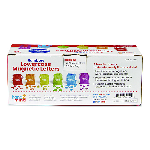 hand2mind Rainbow Lowercase Magnetic Letters, 1.5" Tall, Assorted Color Characters, 6 Sets of 42 Pieces (96160)