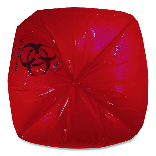 Heritage Healthcare Biohazard Printed Low-Density Can Liners, Biohazard, 45 gal, 1.3 mil, 40 x 46, Red, Flat Pack, 200/Carton (A8046PR)