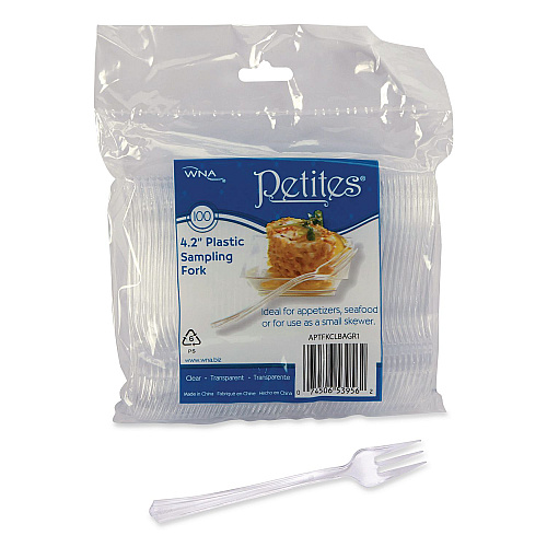 WNA Petites Mini Utensils, Mediumweight, Petite Tasting Fork, Plastic, Clear, 500/Carton (APTFKCL)