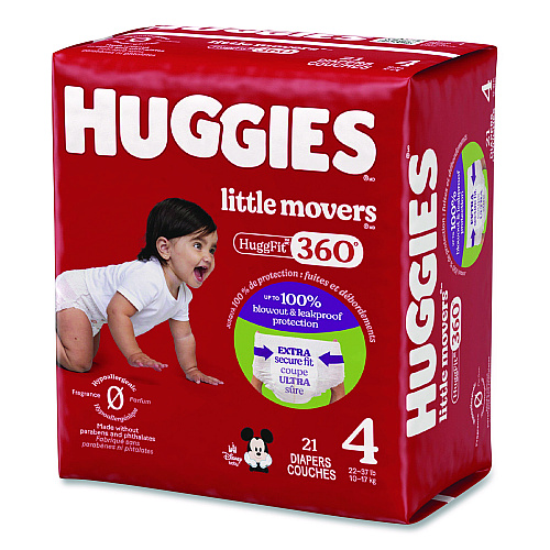 Huggies Little Movers HuggFit 360 Degree, Size 4, 22 lbs to 37 lbs, Disney Design, 21 Diapers/Pack, 4 Packs/Carton (56606)