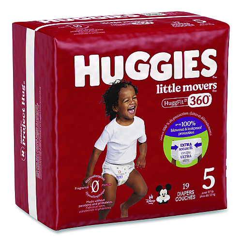 Huggies Little Movers HuggFit 360 Degree, Size 5, Over 27 lbs, Disney Design, 19 Diapers/Pack, 4 Packs/Carton (56607)