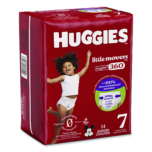 Huggies Little Movers HuggFit 360 Degree, Size 7, Over 41 lbs, Disney Design, 14 Diapers/Pack, 4 Packs/Carton (56609)