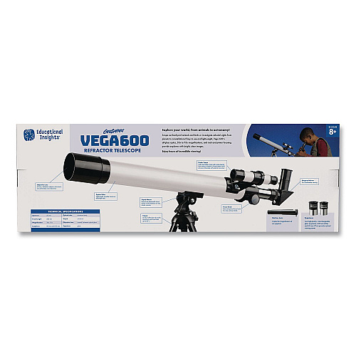 Educational Insights GeoSafari Vega 600 Telescope, 2 Elements, 30x to 150x Magnification, 50 mm Aperture, 600 mm Focal Length, Silver (5248)