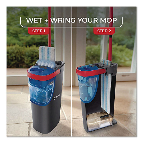 O-Cedar H2Pro Flat Mop System, 9.25" x 4.38" White/Blue Microfiber Head, Up to 56" Black/Red Handle (175765)