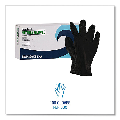 Boardwalk 396 Series Disposable General-Purpose Nitrile Gloves, Powder-Free, X-Small, 4.4 mil Thick, 9.5" Long, Black, 100/Box (396XSBXA)