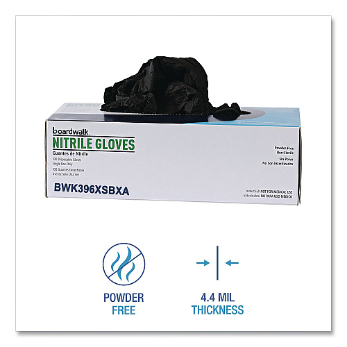 Boardwalk 396 Series Disposable General-Purpose Nitrile Gloves, Powder-Free, X-Small, 4.4 mil Thick, 9.5" Long, Black, 100/Box (396XSBXA)