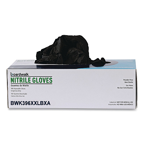 Boardwalk 396 Series Disposable General-Purpose Nitrile Gloves, Powder-Free, XX-Large, 4.4 mil Thick, 9.5" Long, Black, 100/Box (396XXLBXA)