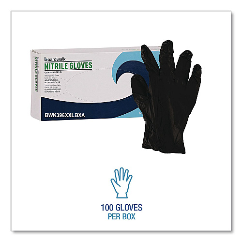 Boardwalk 396 Series Disposable General-Purpose Nitrile Gloves, Powder-Free, XX-Large, 4.4 mil Thick, 9.5" Long, Black, 100/Box (396XXLBXA)