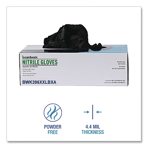 Boardwalk 396 Series Disposable General-Purpose Nitrile Gloves, Powder-Free, XX-Large, 4.4 mil Thick, 9.5" Long, Black, 100/Box (396XXLBXA)