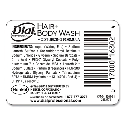 Dial Hair + Body Wash Refill for Versa Dispenser, Neutral Scent, 15 oz, 6/Carton (16304CT)