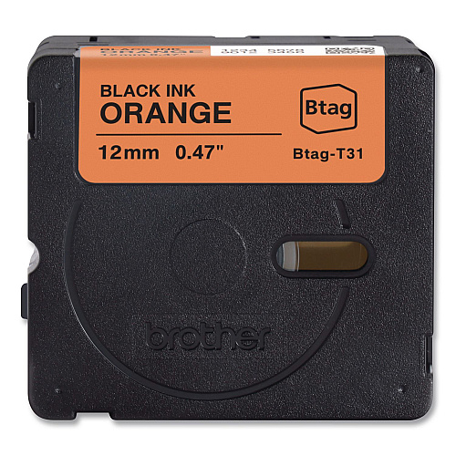 Brother Genuine P-Touch BTAG Label Tapes, 0.47" x 13.1 ft, Black on Orange (BTAGT31)