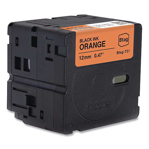 Brother Genuine P-Touch BTAG Label Tapes, 0.47" x 13.1 ft, Black on Orange (BTAGT31)