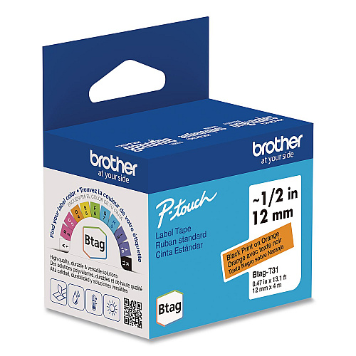 Brother Genuine P-Touch BTAG Label Tapes, 0.47" x 13.1 ft, Black on Orange (BTAGT31)