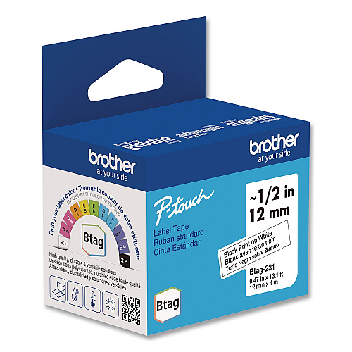 Brother Genuine P-Touch BTAG Label Tapes, 0.47" x 13.1 ft, Black on White (BTAG231)