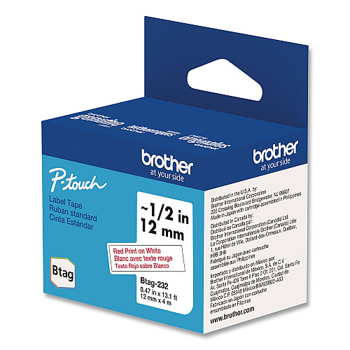 Brother Genuine P-Touch BTAG Label Tapes, 0.47" x 13.1 ft, Red on White (BTAG232)