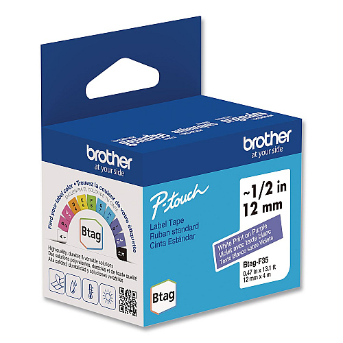 Brother Genuine P-Touch BTAG Label Tapes, 0.47" x 13.1 ft, White on Purple (BTAGF35)