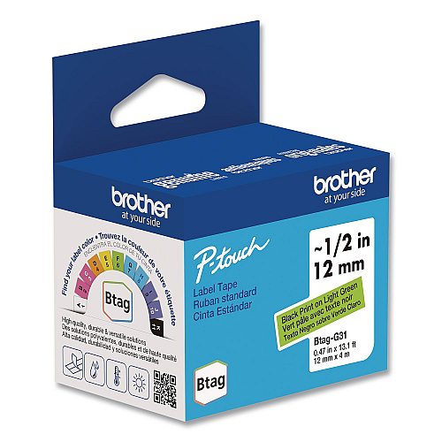 Brother Genuine P-Touch BTAG Label Tapes, 0.47" x 13.1 ft, Black on Light Green (BTAGG31)