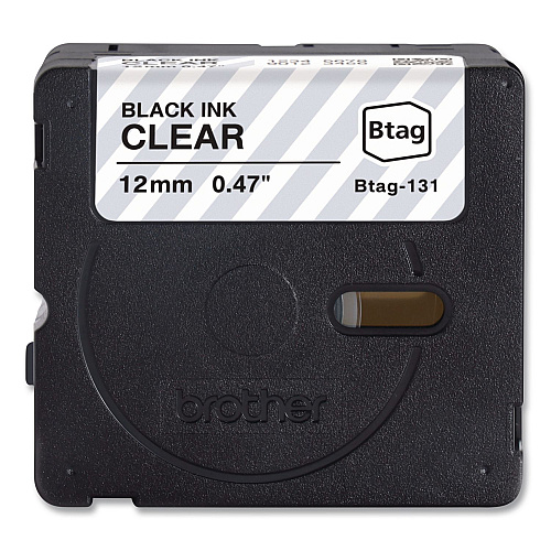 Brother Genuine P-Touch BTAG Label Tapes, 0.47" x 13.1 ft, Black on Clear (BTAG131)