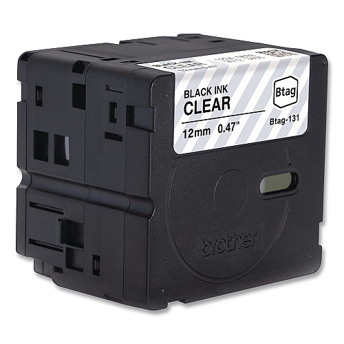 Brother Genuine P-Touch BTAG Label Tapes, 0.47" x 13.1 ft, Black on Clear (BTAG131)