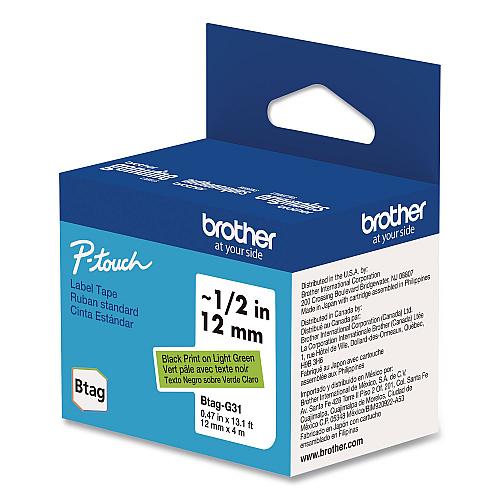 Brother Genuine P-Touch BTAG Label Tapes, 0.47" x 13.1 ft, Black on Light Green (BTAGG31)