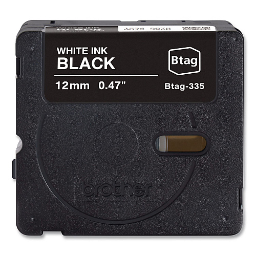 Brother Genuine P-Touch BTAG Label Tapes, 0.47" x 13.1 ft, White on Black (BTAG335)
