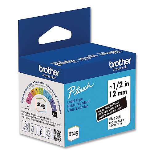 Brother Genuine P-Touch BTAG Label Tapes, 0.47" x 13.1 ft, White on Black (BTAG335)