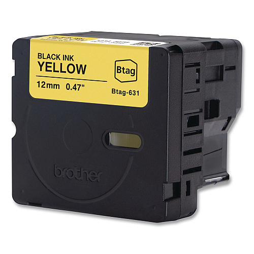 Brother Genuine P-Touch BTAG Label Tapes, 0.47" x 13.1 ft, Black on Yellow (BTAG631)