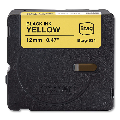 Brother Genuine P-Touch BTAG Label Tapes, 0.47" x 13.1 ft, Black on Yellow (BTAG631)