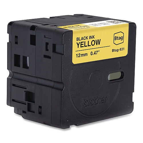 Brother Genuine P-Touch BTAG Label Tapes, 0.47" x 13.1 ft, Black on Yellow (BTAG631)
