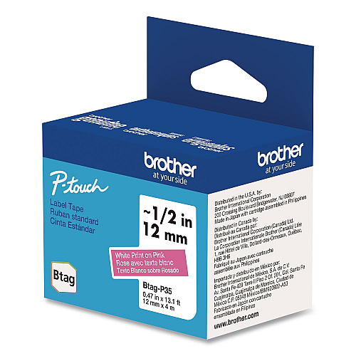 Brother Genuine P-Touch BTAG Label Tapes, 0.47" x 13.1 ft, White on Pink (BTAGP35)