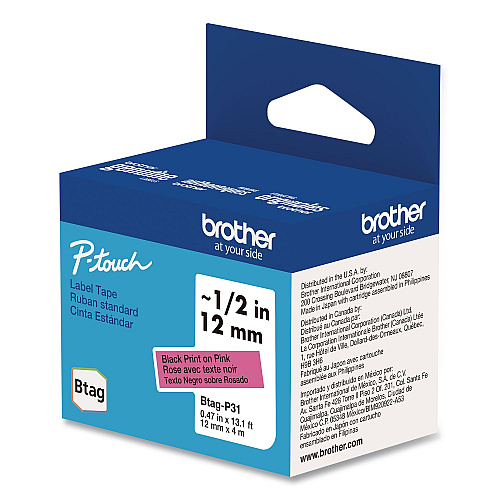 Brother Genuine P-Touch BTAG Label Tapes, 0.47" x 13.1 ft, Black on Pink (BTAGP31)
