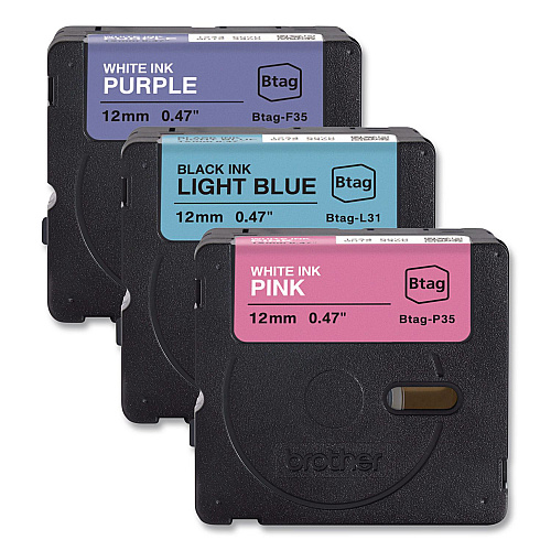 Brother Genuine P-Touch BTAG Label Tapes, 0.47" x 13.1 ft, White on Purple, Black on Light Blue, White on Pink (BTAG3M02)