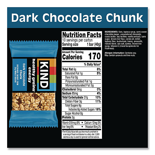 KIND Healthy Grains Energy Dark Chocolate Chunk Bars, 1.4 oz Bar, 10/Box (67074)