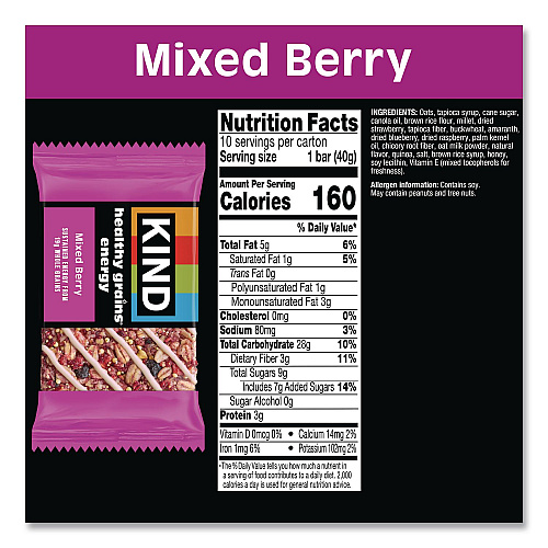 KIND Healthy Grains Energy Mixed Berry Bars, 1.4 oz Bar, 10/Box (67073)