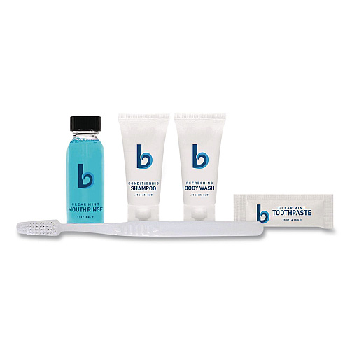 Boardwalk Amenities Kit, Mouth Rinse, Toothbrush, Toothpaste, Body Wash, Shampoo, Green Tea Lemongrass, 12 Kits/Carton (AMENKIT)