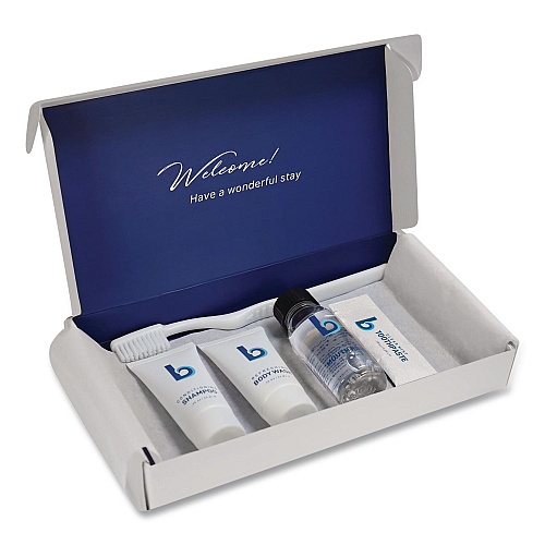 Boardwalk Amenities Kit, Mouth Rinse, Toothbrush, Toothpaste, Body Wash, Shampoo, Low Allergen, 12 Kits/Carton (AMENKITLA)
