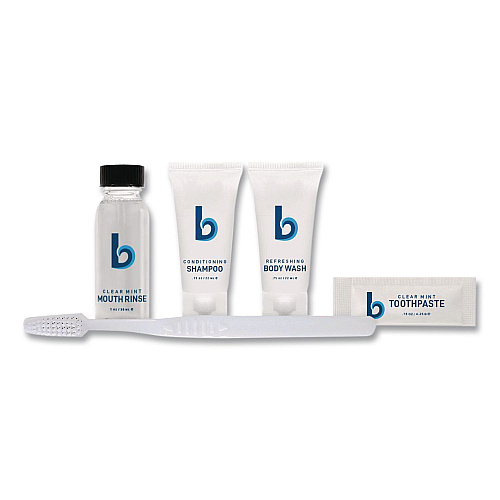 Boardwalk Amenities Kit, Mouth Rinse, Toothbrush, Toothpaste, Body Wash, Shampoo, Low Allergen, 12 Kits/Carton (AMENKITLA)