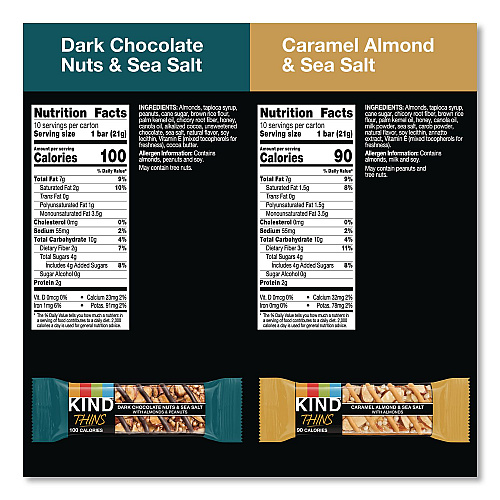 KIND Thins Dark Chocolate Nuts and Sea Salt/Caramel Almond and Sea Salt Variety Pack, 0.74 oz Bar, 20/Box (41888)