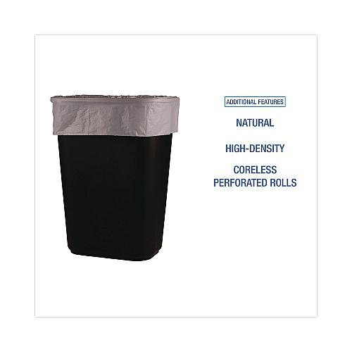 Boardwalk High-Density Can Liners, 30 gal, 8 mic, 30" x 36", Natural, Perforated Roll, 25 Bags/Roll, 20 Rolls/Carton (303610)