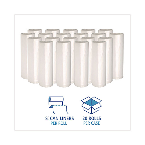 Boardwalk High-Density Can Liners, 30 gal, 8 mic, 30" x 36", Natural, Perforated Roll, 25 Bags/Roll, 20 Rolls/Carton (303610)